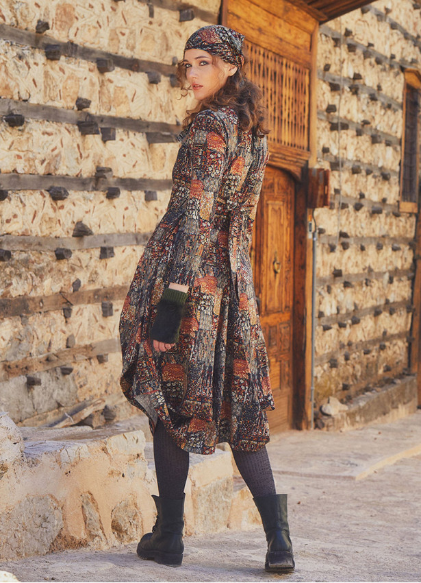 Khaki Printed V Neckline Long Sleeve Dress